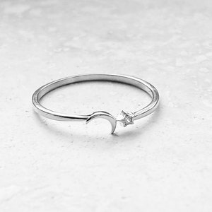 Sterling Silver Tiny Moon and Tiny CZ Star Ring, Dainty Ring, Silver Ring, Moon Ring