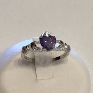 Sterling Silver Amethyst CZ Claddagh Ring, February Birthstone Ring, Silver Rings, Friendship Ring, CZ Ring