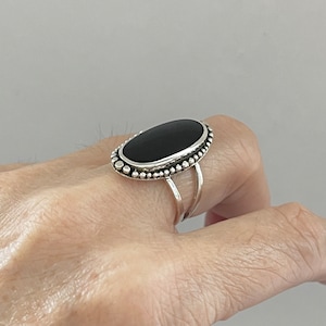 Sterling Silver Beads and Large Black Onyx Ring with Shank Band, Boho Ring, Silver Ring, Stone Ring, Dot Ring