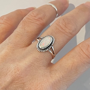 Sterling Silver Medium Oval White Lab Opal Ring with Braid, Silver Ring, Opal Ring, Boho Ring