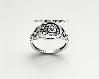 Sterling Silver Moon and Sun Ring with Celtic, Silver Ring, Celestial Ring, Moon Ring, Triquetra Ring