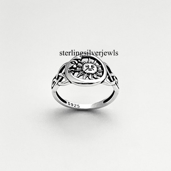 Sterling Silver Moon and Sun Ring with Celtic, Silver Ring, Celestial Ring, Moon Ring, Triquetra Ring