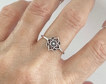 Sterling Silver Flower Ring, Silver Ring, Mandala Ring, Boho Ring