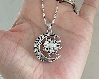 Sterling Silver Large Filigree Moon and Sun Necklace, Boho Necklace, Sun Necklace, Crescent Moon Necklace