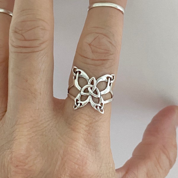 Sterling Silver Large Thin Triquetra Butterfly Ring, Silver Ring, Celtic Ring, Spirit Ring, Boho Ring