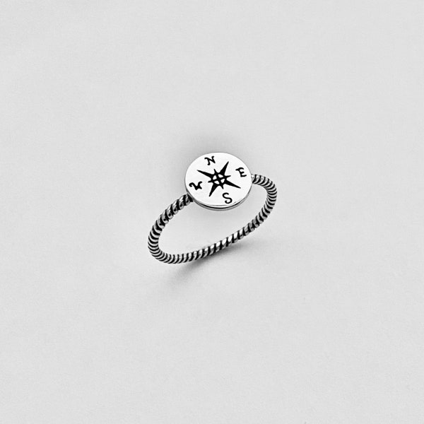 Sterling Silver Compass Ring with Rope Band, Silver Ring, Direction  Ring, Map Ring, Star Ring