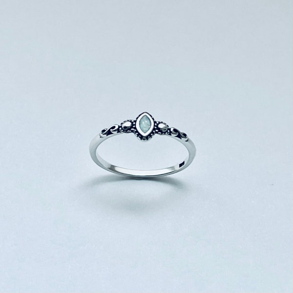 Sterling Silver Little Tiny Diamond Shape White Lab Opal Ring with Dots and Swirl, Dainty Ring, Silver Ring, Boho Ring