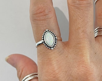 Sterling Silver Beads and Diamond Shape White Lab Opal Ring, Silver Ring, Opal Ring, Boho Ring