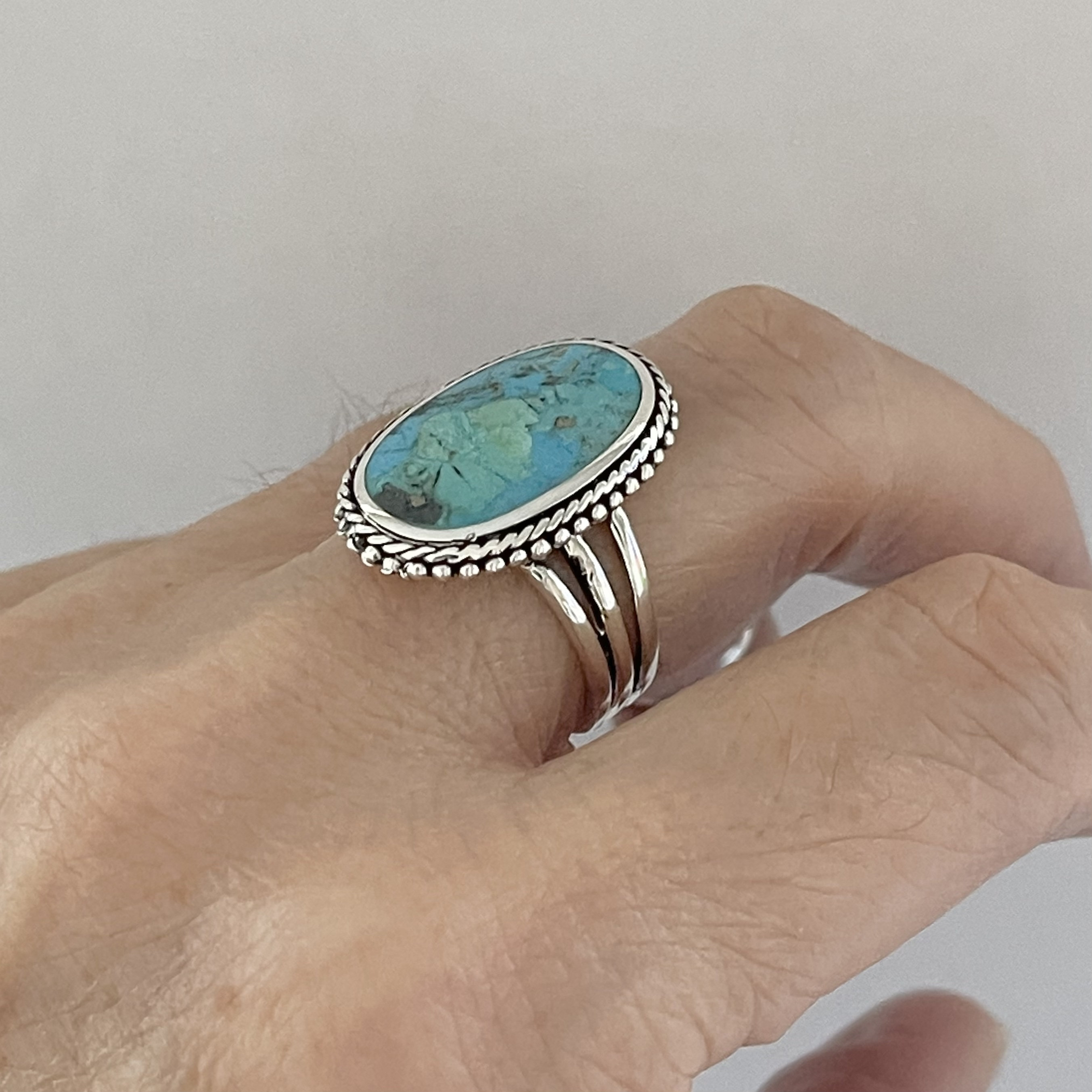 Sterling Silver Large Oval Genuine Turquoise Ring With Triple Band