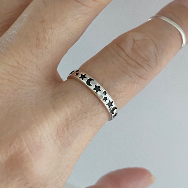 Sterling Silver Eternity Moon and Star Band, Stackable Ring, Moon Ring, Star Ring