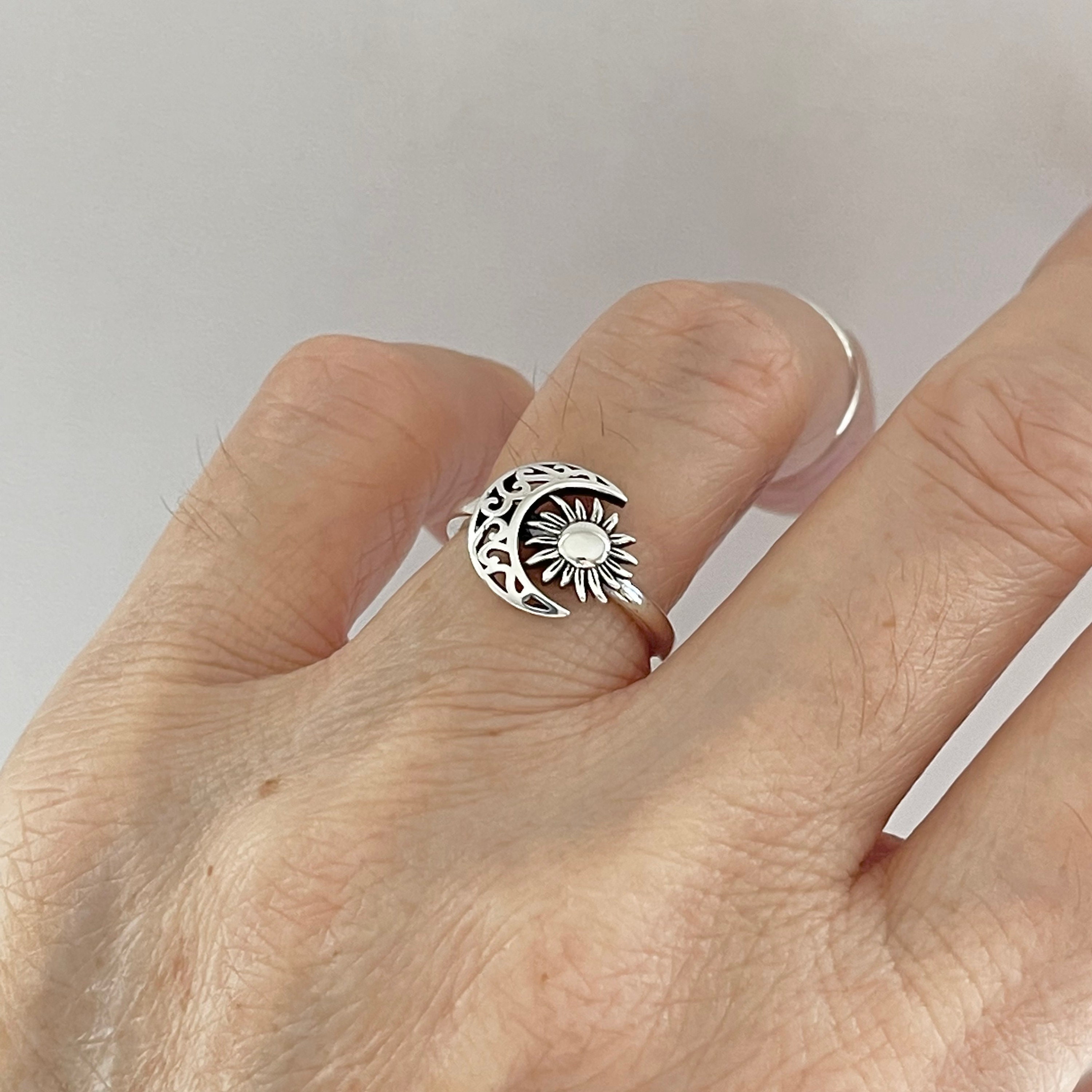 Sterling Silver Filigree Crescent Moon and Sun Ring Silver Ring