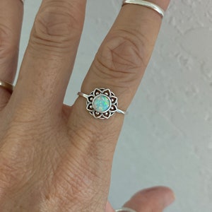 Sterling Silver Flower White Lab Opal Ring, Dainty Ring, Boho Ring, Mandala Ring