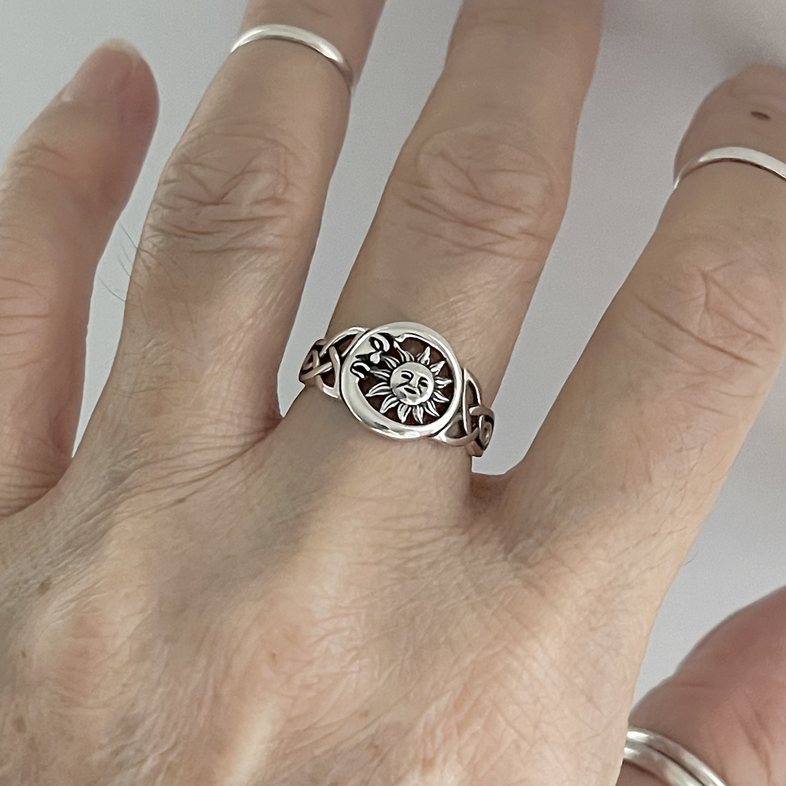 Moon and Sun Ring with Celtic, Silver Ring, Celestial Ring, Moon Ring, Triquetra Ring