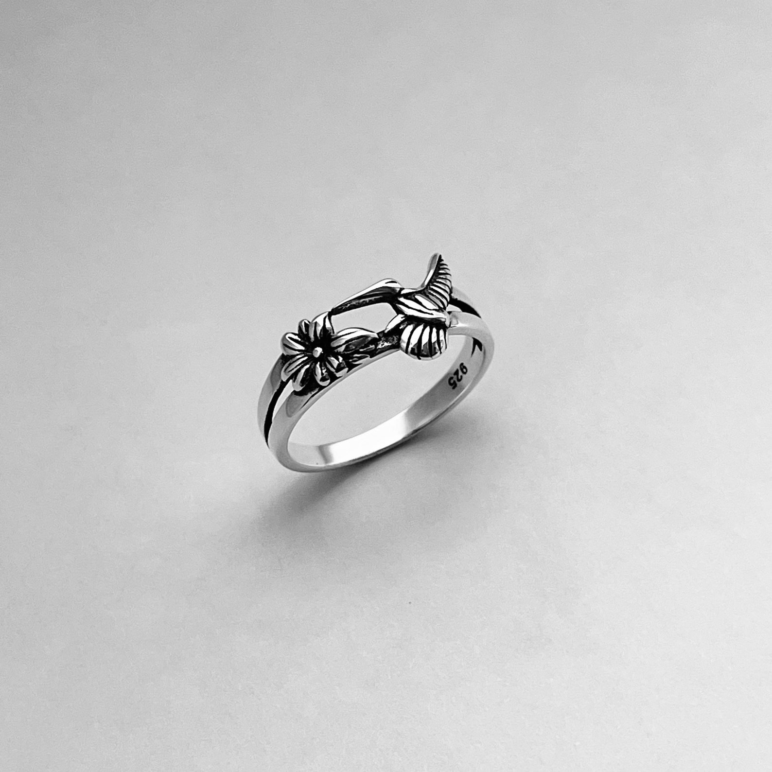 Sterling Silver Flower and Hummingbird Ring Silver Ring Etsy