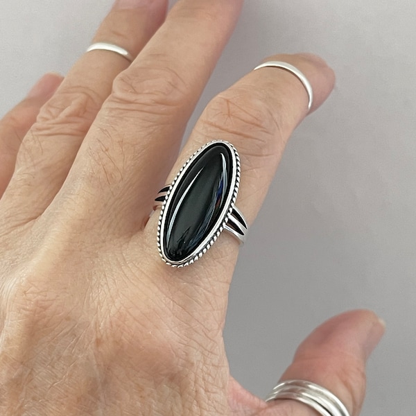 Sterling Silver Long Oval Black Onyx Ring with Braid, Boho Ring, Silver Ring, Stone Ring, Statement Ring