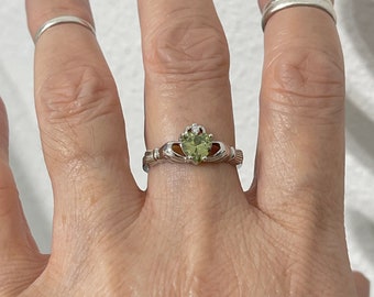 Sterling Silver Peridot CZ Claddagh Ring, August Birthstone Ring, Silver Rings, Friendship Ring, CZ Ring