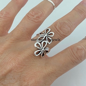 Sterling Silver 2 Large Flower Ring, Statement Ring, Boho Ring, Silver Ring