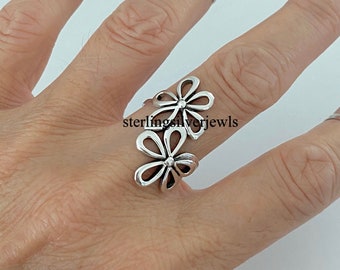 Sterling Silver 2 Large Flower Ring, Statement Ring, Boho Ring, Silver Ring