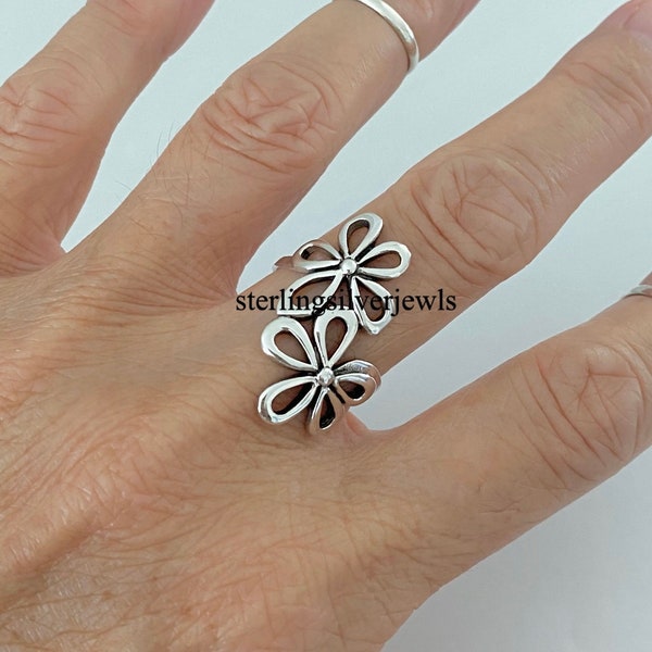 Sterling Silver 2 Large Flower Ring, Statement Ring, Boho Ring, Silver Ring