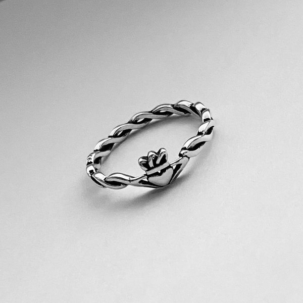 Sterling Silver Little Irish Claddagh Ring with Braided Band, Dainty Ring, Irish Ring, Friendship Ring, Silver Ring, Love Ring