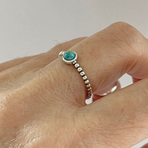 Sterling Silver Little Dainty Round Genuine Turquoise Ring with Bead Band, Silver Ring, Turquoise Ring