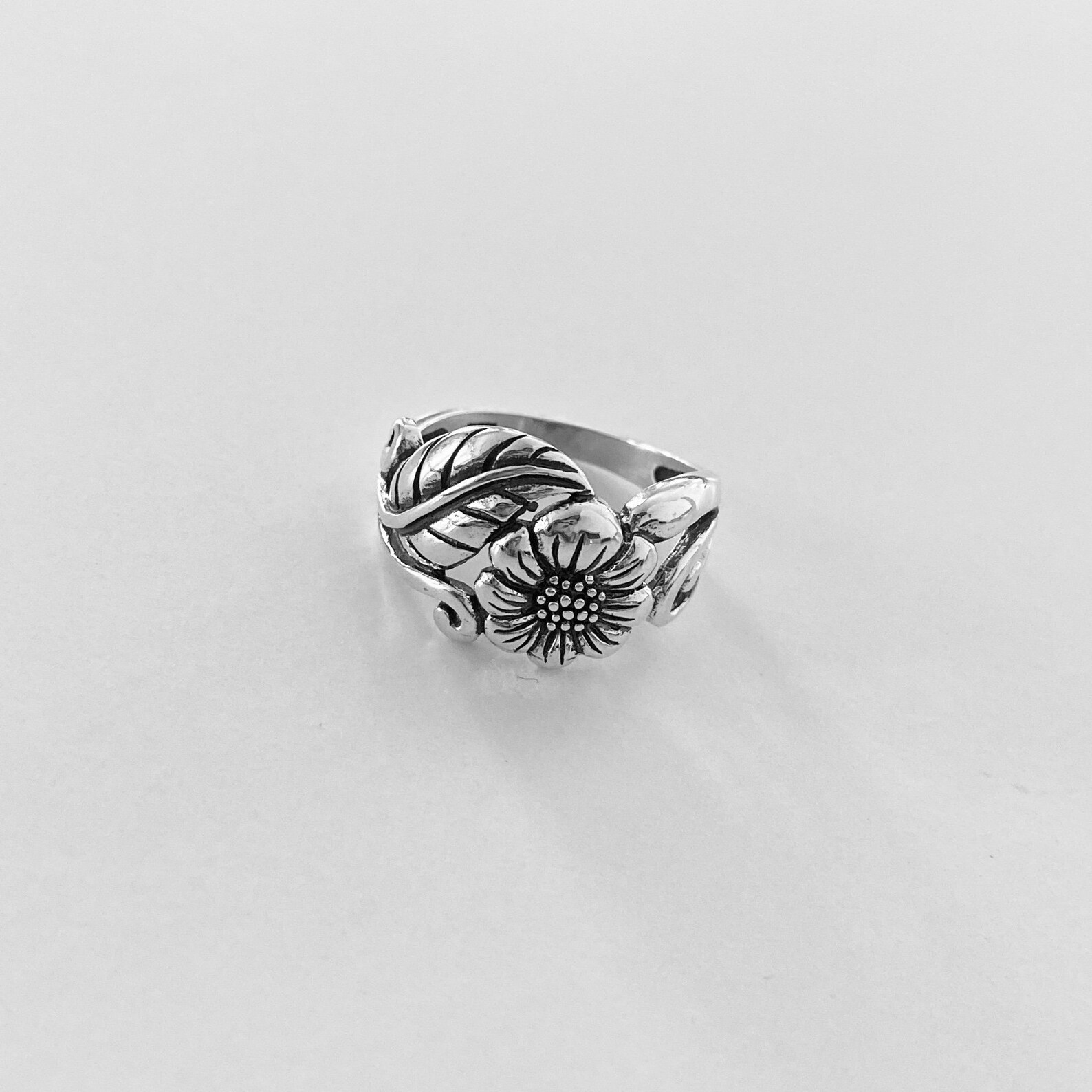 Sterling Silver Statement Sunflower Ring With Leaf Flower Etsy UK