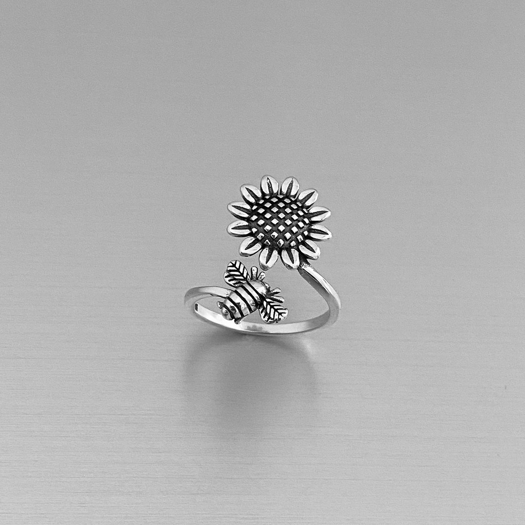 Sterling Silver Sunflower and Bee Ring Sunflower Ring Flower Etsy