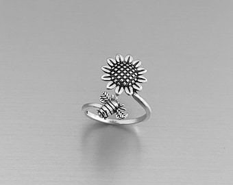 Sterling Silver Sunflower and Bee Ring, Sunflower Ring, Flower Ring