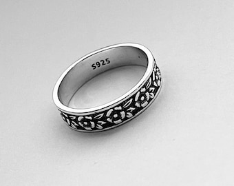 Sterling Silver Eternity Flower Wedding Band, Forget Me Not Flower Ring, Stackable Ring, Silver Band, Floral Ring