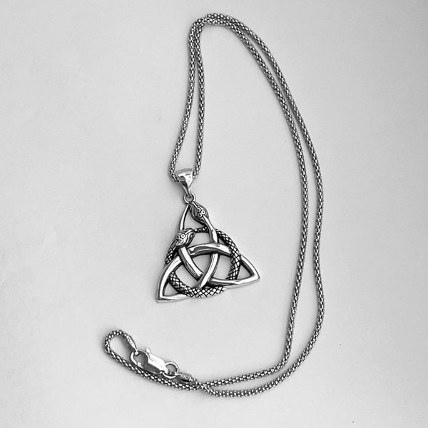 Sterling Silver Triquetra Snake Necklace, Boho Necklace, Silver Necklace, Reptile Necklace
