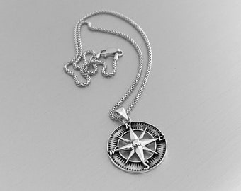 Sterling Silver Unisex Compass Necklace, Map Necklace, Silver Necklace, Boho Necklace