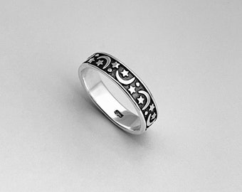 Sterling Silver Eternity Moon and Star Band, Stackable Ring, Moon Ring, Unisex Ring