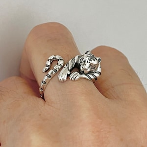 Sterling Silver Unisex Wraparound Tiger Ring, Animal Ring, Silver Ring, Cat Ring