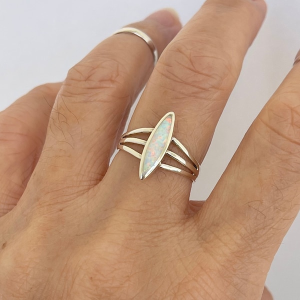 Sterling Silver Long Thin Diamond Shape White Lab Opal Ring, Silver Ring, Opal Ring, Boho Ring, October Birthstone Ring