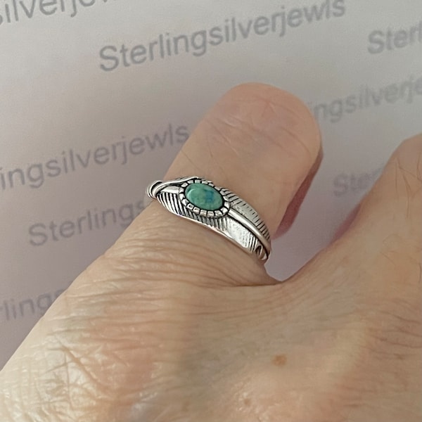 Sterling Silver Small Genuine Turquoise Feather Ring, Boho Ring, Stone Ring, Silver Ring, Religious Ring