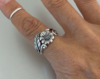 Anillo de girasol de declaración de plata esterlina con hoja, anillo de flores, anillo floral, anillo de plata