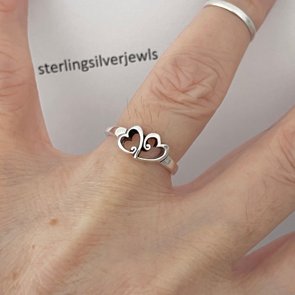 Sterling Silver Fancy Double Open Hearts Ring, Swirly Heart Ring, Silver Ring, Love Ring, Connected Hearts Ring
