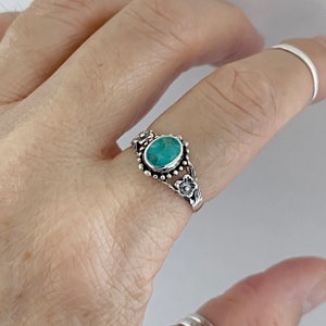 Sterling Silver Small Genuine Turquoise Ring with Flower, Boho Ring, Silver Ring, Dainty Ring