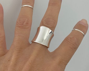 Sterling Silver Statement Concave Ring, Silver Ring, Wide Ring, Boho Ring