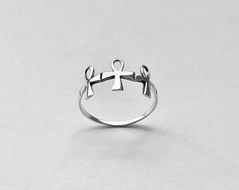 Sterling Silver Thin Triple Ankh Ring, Key of Life Ring,  Dainty Ring, Cross Ring, Silver Ring, Religious Ring