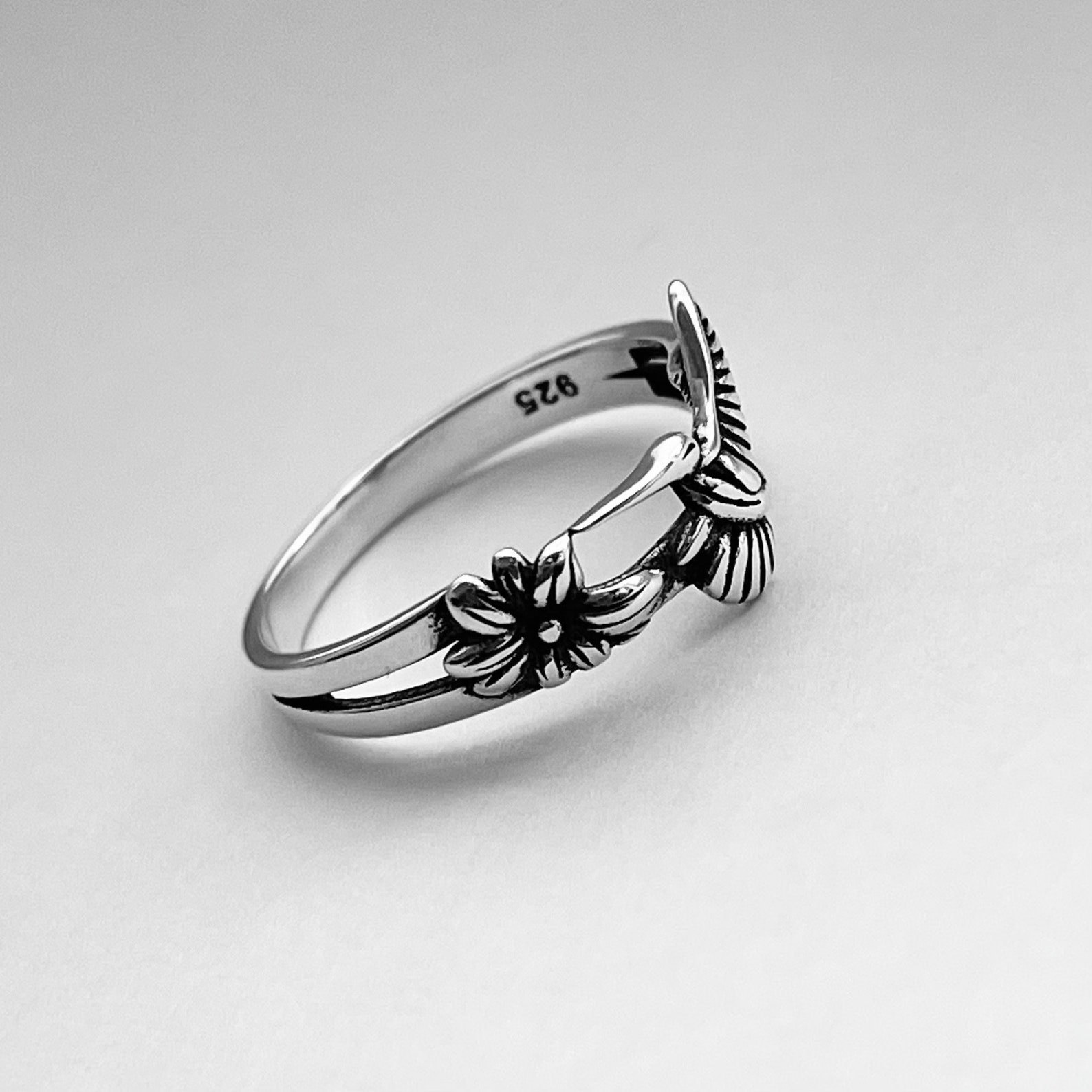 Sterling Silver Flower and Hummingbird Ring Silver Ring Etsy