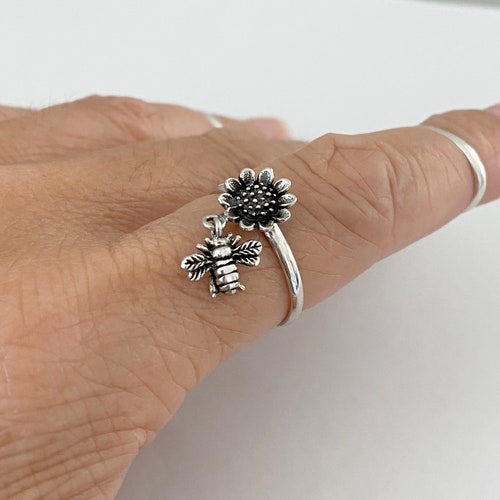 Sterling Silver Sunflower and Bee Ring Sunflower Ring Flower Etsy