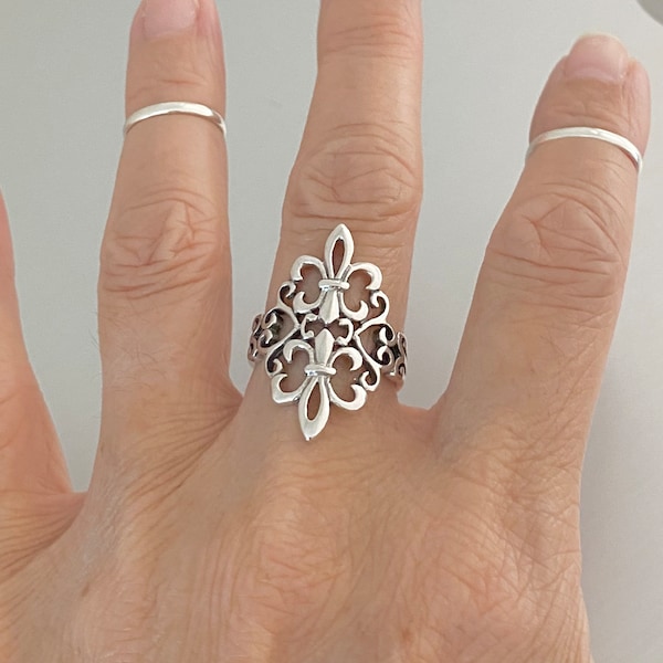 Sterling Silver Large Double Fleur De Lis Ring, Saints Ring, France Ring, Boho Ring, Statement Ring