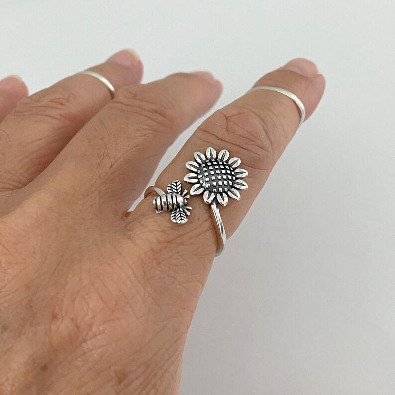 Sterling Silver Sunflower and Bee Ring Sunflower Ring Flower Etsy