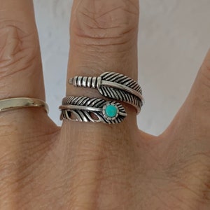 Sterling Silver Angels Feather Ring with Turquoise Stone, Boho Ring, Angels Wing Ring, Silver Ring, Religious Ring