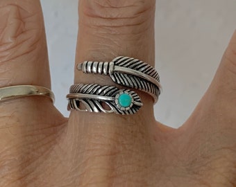 Sterling Silver Angels Feather Ring with Turquoise Stone, Boho Ring, Angels Wing Ring, Silver Ring, Religious Ring