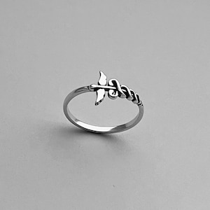 Sterling Silver Sideway Caduceus Ring, Dainty Ring, Silver Ring, Snake Ring. Wings Ring