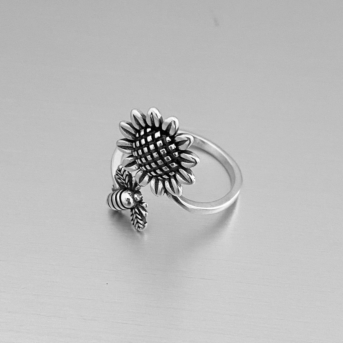Sterling Silver Sunflower and Bee Ring Sunflower Ring Flower Etsy