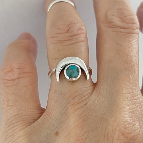 Sterling Silver Crescent Moon and Full Moon Genuine Turquoise Ring