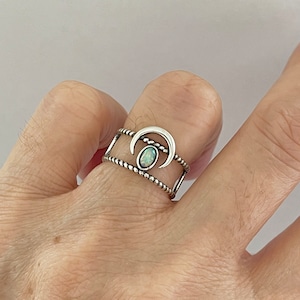 Sterling Silver Dainty Crescent Moon and White Lab Opal Ring with Caged Braid Band, Silver Ring, Opal Ring, Boho Ring, Crescent Moon Ring